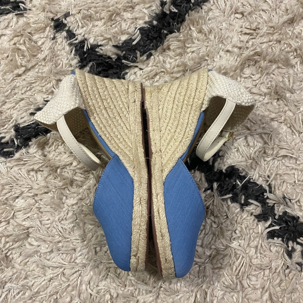 J.Crew Blue and Cream Knit Ankle Strap Espadrille Platform Wedges - Picture 3 of 10